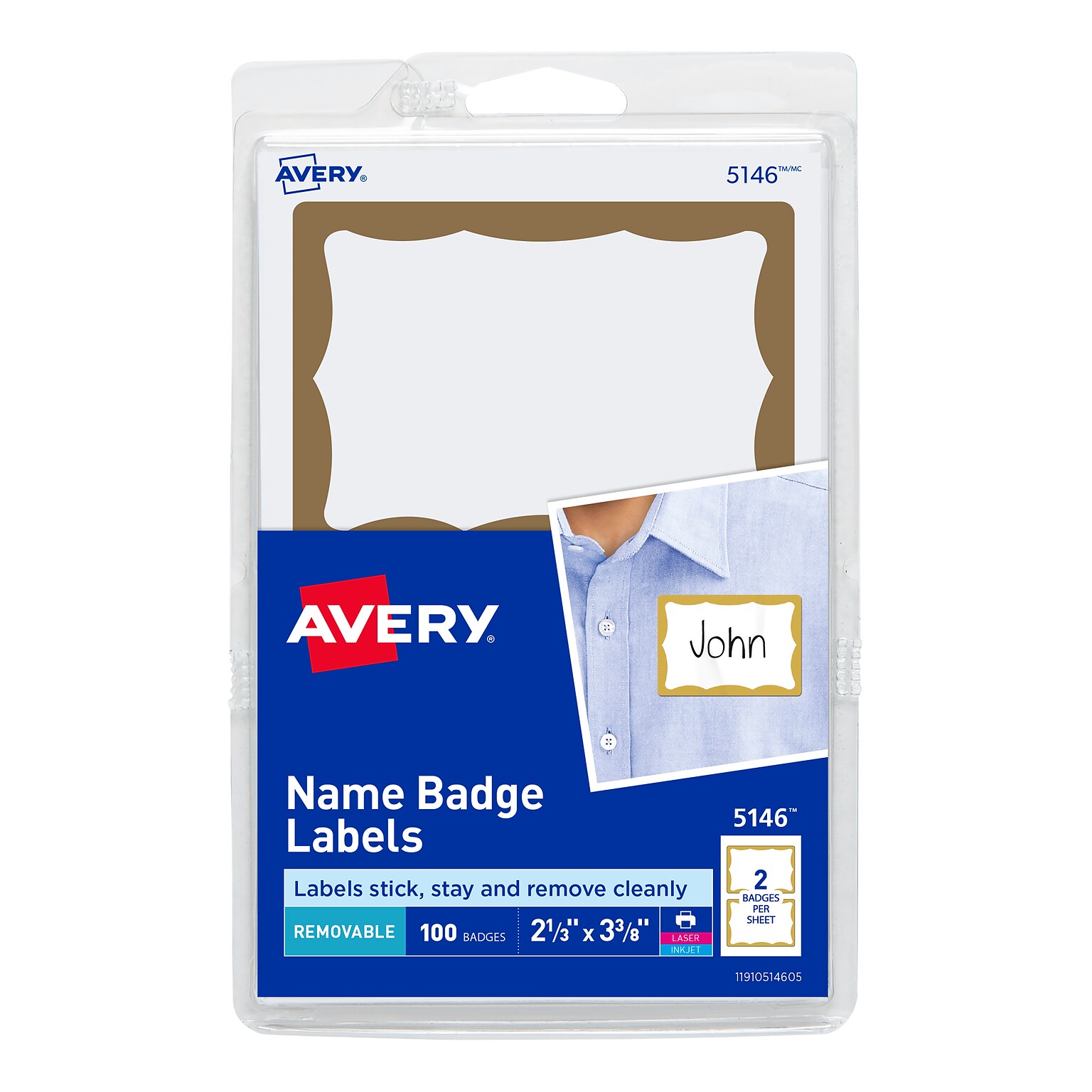Avery Adhesive Laser/Inkjet Name Badge Labels, 2 1/3 x 3 3/8, White with Gold Border, 100 Labels Per Pack (5146)