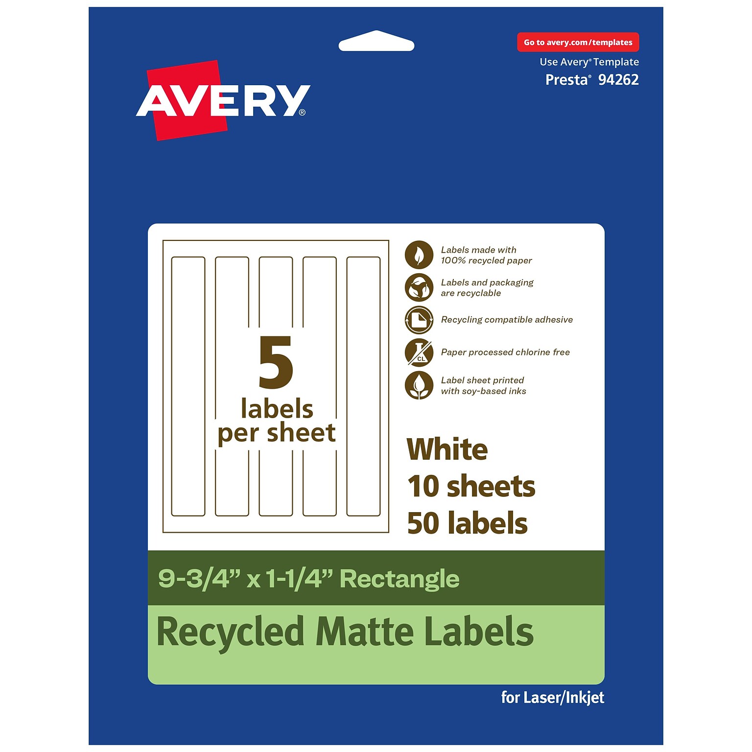 Avery EcoFriendly Laser/Inkjet Rectangle Multipurpose Labels, 9-3/4 x 1-1/4, White, 50/Pack (94262)