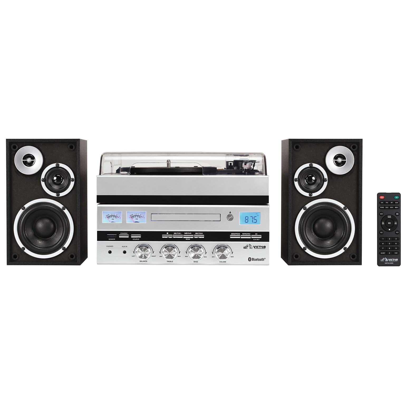 Victor Geneva 5-in-1 Music Center with Bluetooth, CD Player, FM Radio, USB, Aux, Remote Control, and Detached Stereo Speakers