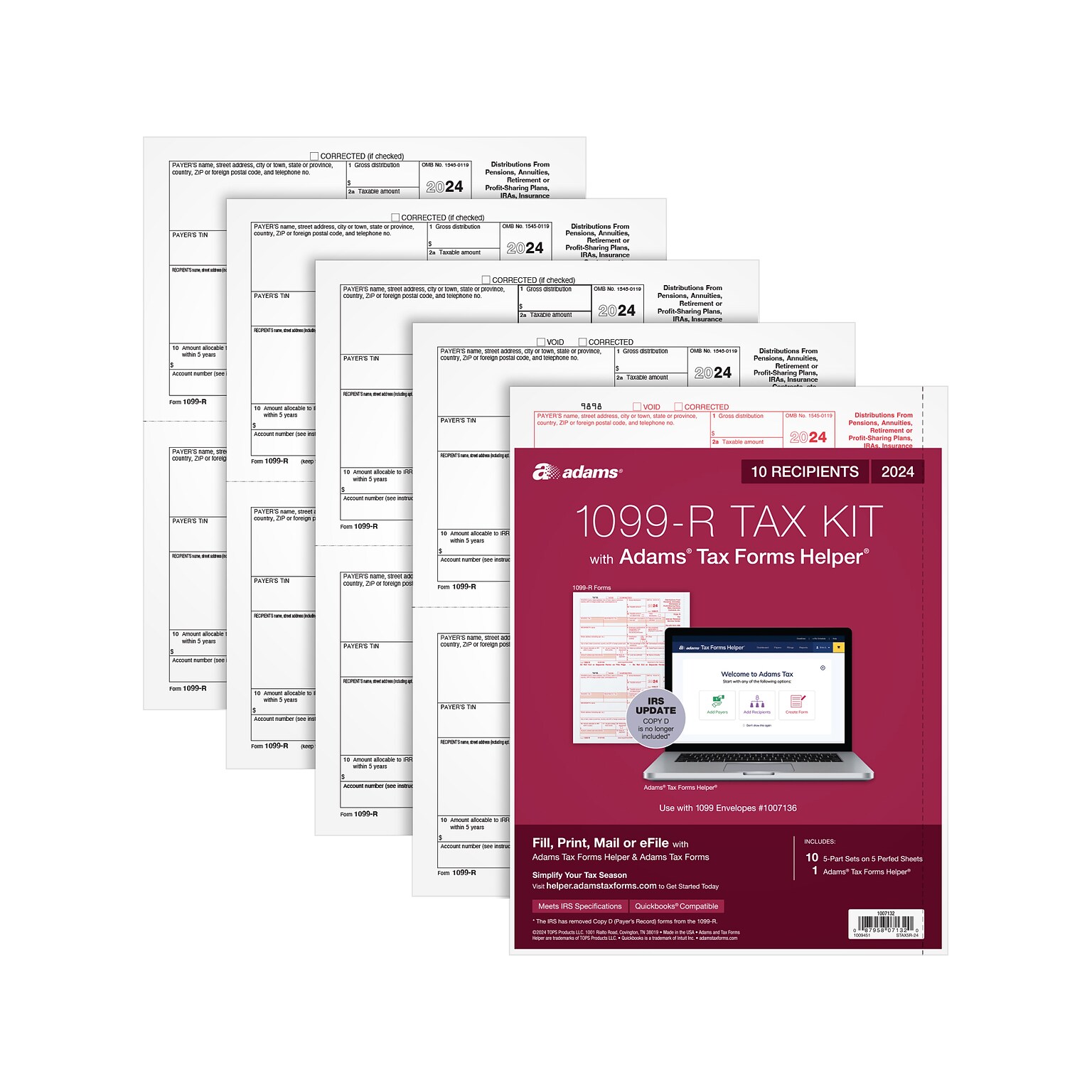 Adams 2024 1099-R Tax Form with Access to Adams Tax Forms Helper, 5-Part, 2-Up, Copy A, 1, B, 2, 10/Pack (STAX5R-24)