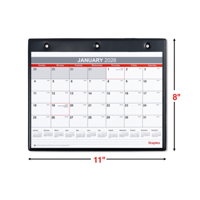 2026 Staples 11" x 8" Monthly Wall Calendar, White/Red/Gray (ST12949-26)