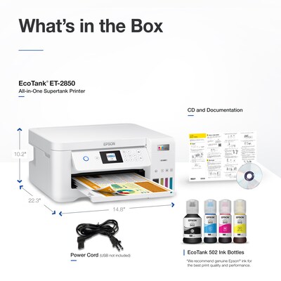 Epson EcoTank ET-2850 ET-2850-W Wireless Color Inkjet Printer, All-In-One Supertank, Print, Scan, Copy (9472541)