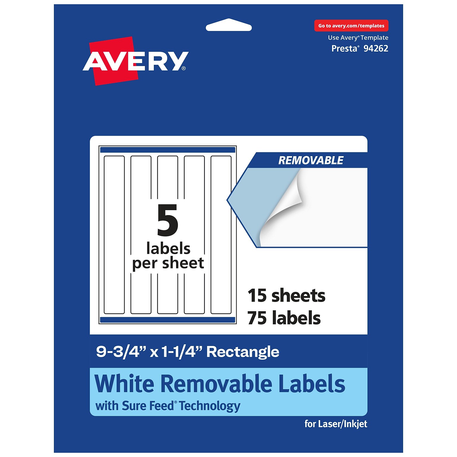 Avery Laser/Inkjet Rectangle Multipurpose Labels, 9.75 x 1.25, White, 75 Labels/Pack (94262)