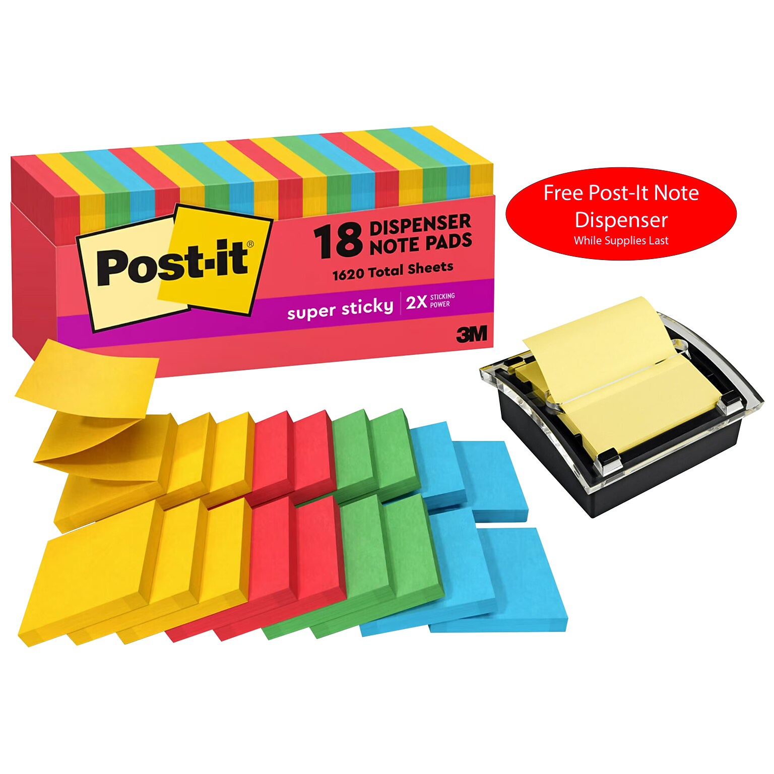 Free Post-It Note Dispenser ($13 value) w/Purchase, 3 x 3 Pop Up Super Sticky Notes, Playful 90 Sheets/Pad, 18 Pads/Pack