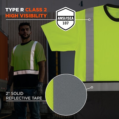 GloWear 8286BK High Visibility Short Sleeve Black Bottom T-Shirt, ANSI Type R Class 2, Lime, 2XL (22166)