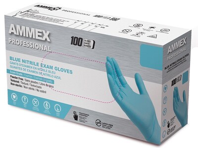 Ammex Professional Series Powder Free Nitrile Exam Gloves, Latex Free, Medium, Blue, 100/Box (APFN44100)