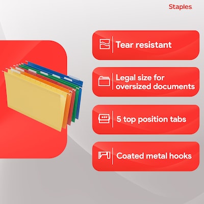 Staples Heavy Duty Reinforced Hanging File Folders, 1/5-Cut Tab, Legal Size, Assorted Colors, 25/Box (ST18657-CC)