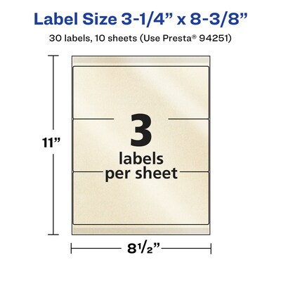Avery Pearlized Ivory Rectangle Multipurpose Labels, 3-1/4" x 8-3/8", Ivory, 30/Pack (94251)