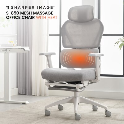 Sharper Image S-850 Heated Ergonomic Mesh Swivel Executive Massage Chair with Footrest, Light Gray/White (60106-LGRYWHT)