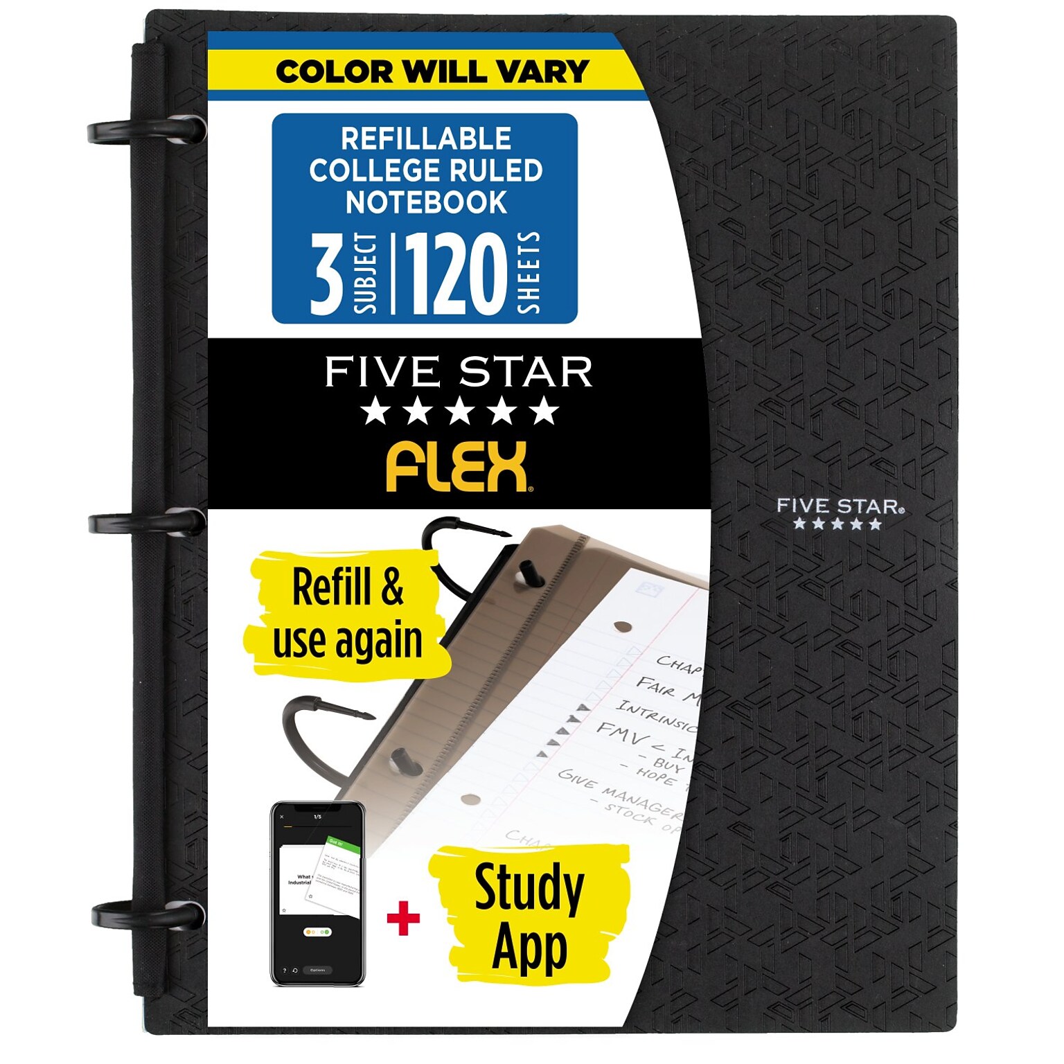 Five Star Flex 3-Subject Notebooks, 8.5 x 11, College Ruled, 120 Sheets, Color Chosen at Random (08126)