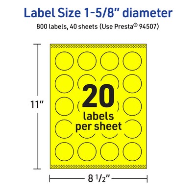 Avery Circle Multipurpose Labels, 1-5/8" Dia., Neon Yellow, 800/Pack (94507)