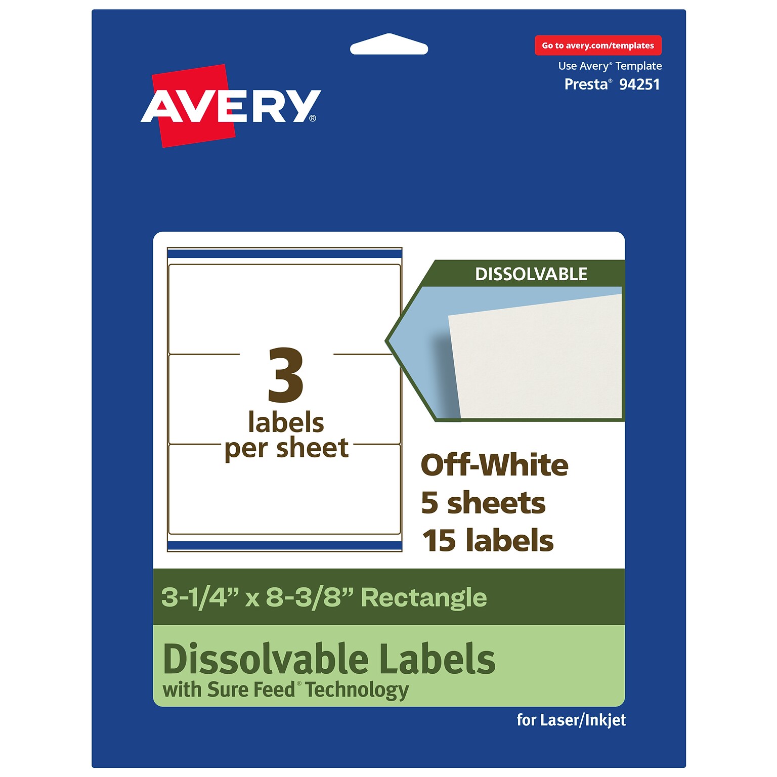 Avery Dissolvable Rectangle Multipurpose Labels, 3-1/4 x 8-3/8, Off-white, 15/Pack (94251)