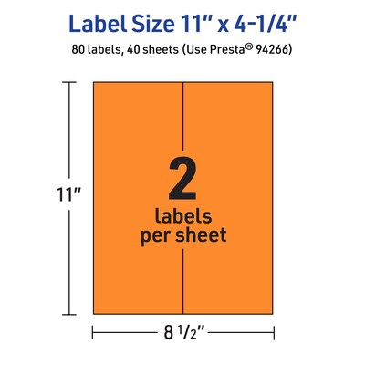 Avery Rectangle Multipurpose Labels, 11" x 4.25", Bright Orange, 80/Pack (94266)