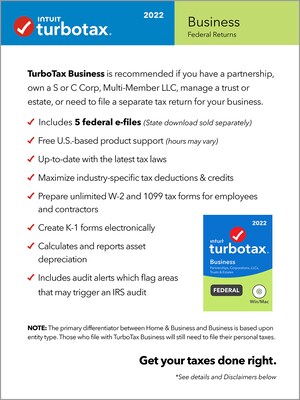 TurboTax Business 2022 Federal for 1 User, Windows, CD/DVD or Download (5101361)
