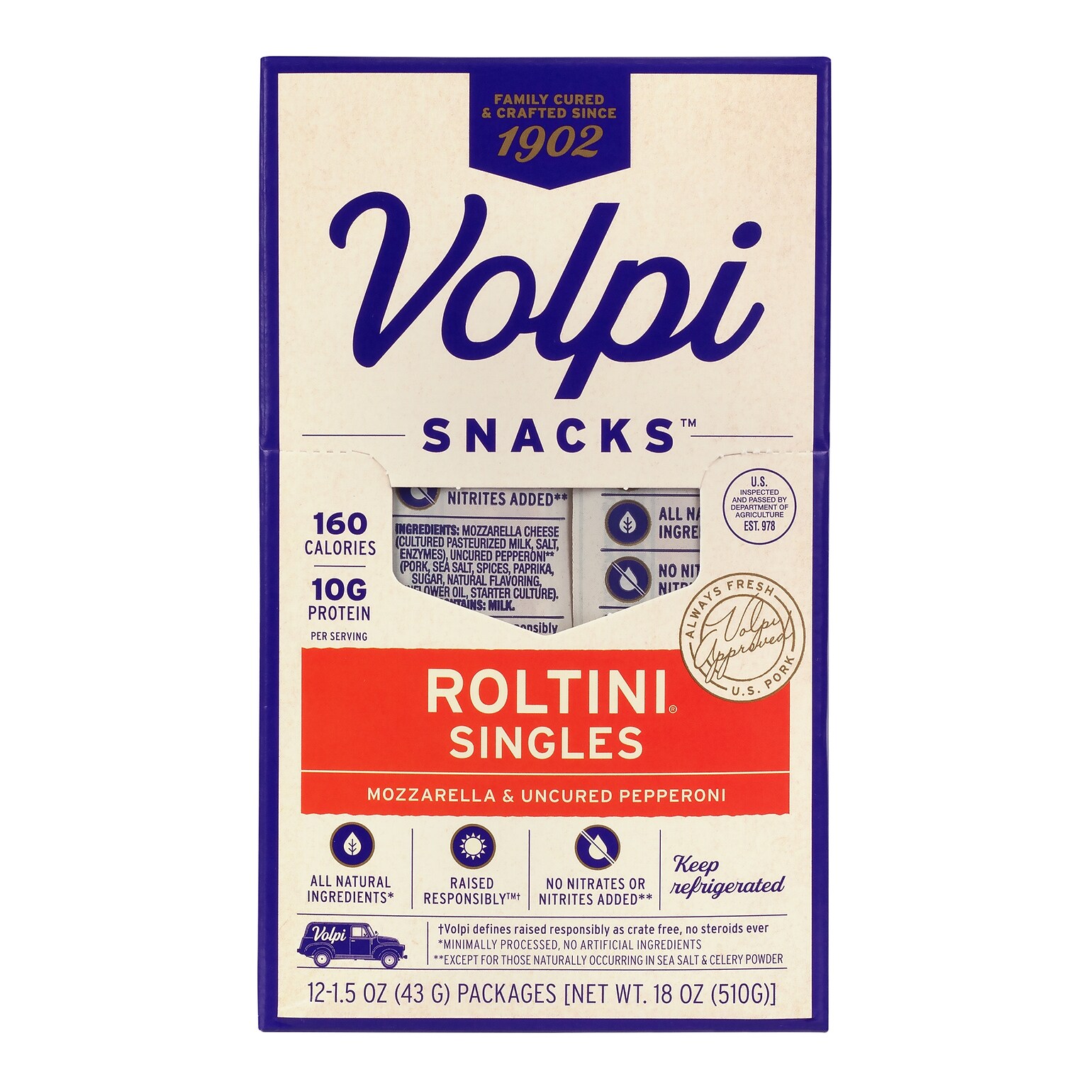 Volpi Roltini Singles, Uncured Pepperoni & Mozzarella, 1.5 oz, 24/Pack (220-02486)