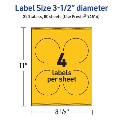 Avery Laser/Inkjet Round Multipurpose Labels, 3.5" Dia., Bright Yellow, 320/Box (94514)