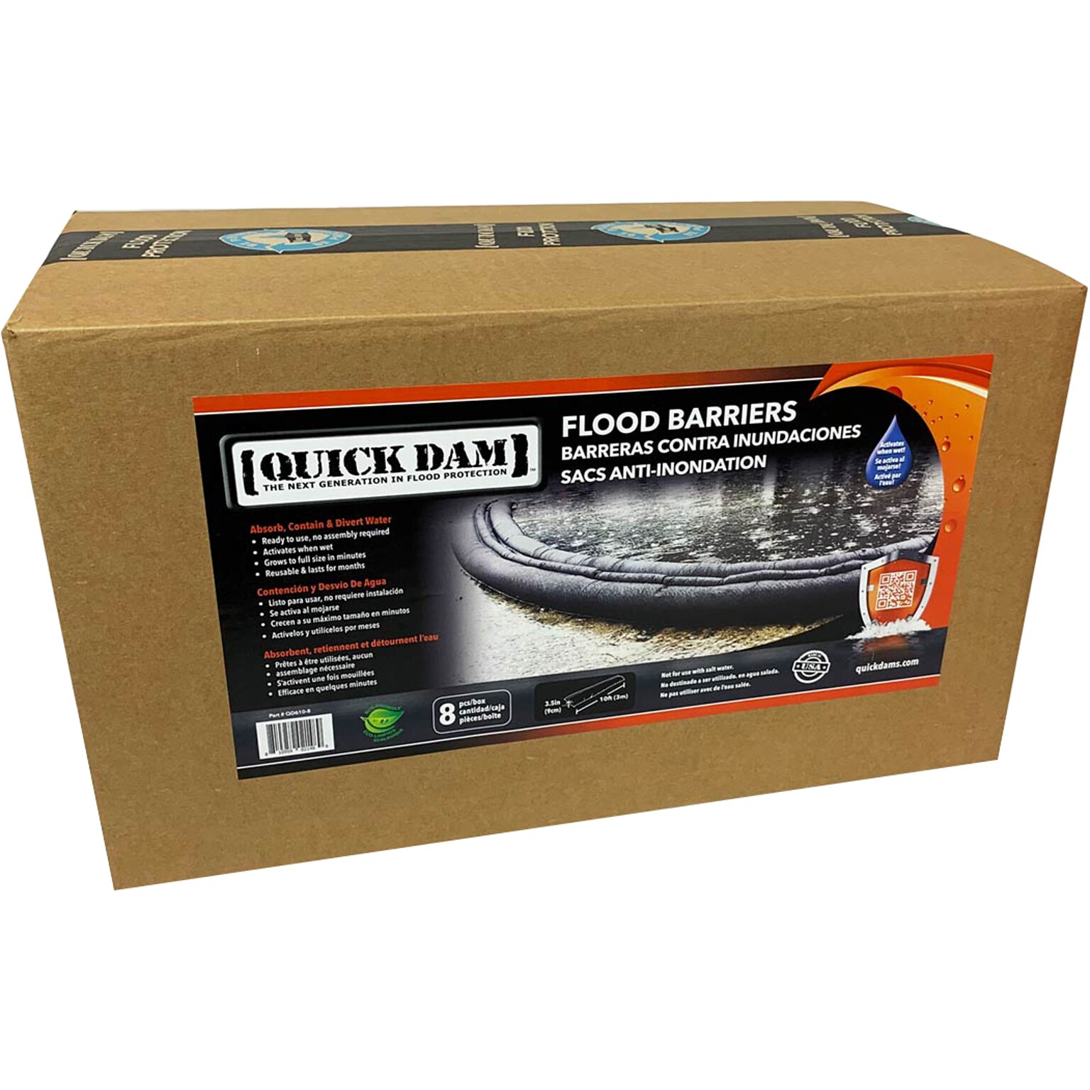 Quick Dam Water Flood Barrier, 120, Up to 8 Gal., 8/Box (QD610-8)