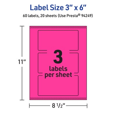 Avery Laser/Inkjet Rectangle Multipurpose Labels, 3" x 6", Neon Magenta, 60/Pack (94249)