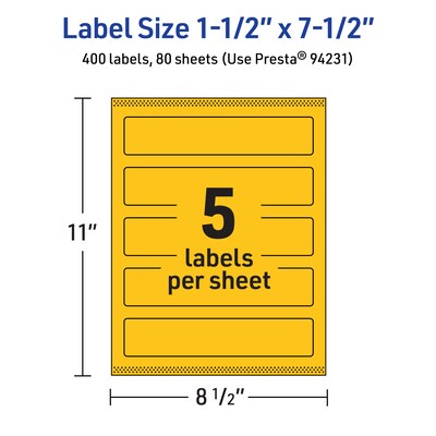Avery Laser/Inkjet Rectangle Multipurpose Labels, 1.5" x 7.5", Bright Yellow, 400/Box (94231)