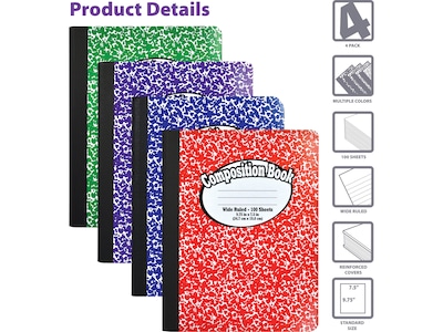 Better Office 1-Subject Composition Notebooks, 7.5 x 9.75, Wide Ruled, 100 Sheets, Assorted Colors