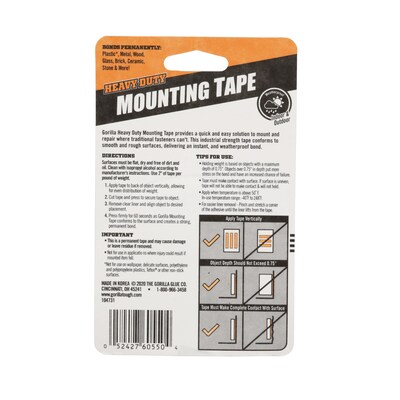 Gorilla Heavy Duty Double-Sided Mounting Tape, 1 x 1.67 yds., Black (6055002)