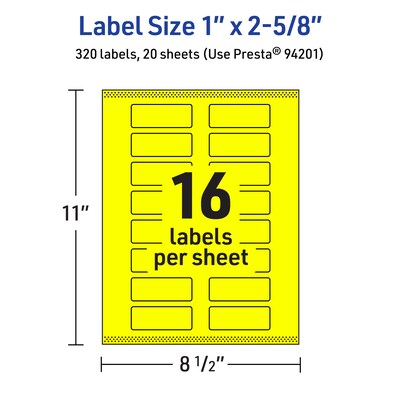 Avery Rectangle Multipurpose Labels, 1" x 2-5/8", Neon Yellow, 320/Pack (94201)