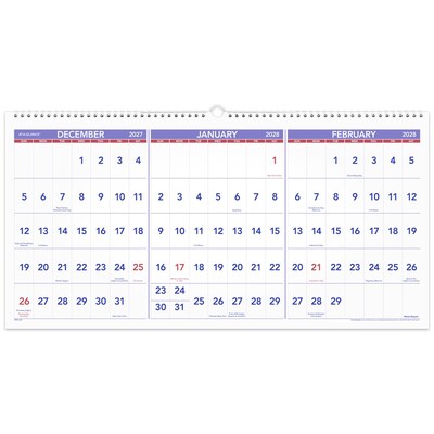 2026 -2028 AT-A-GLANCE 27" x 12" Three-Month Wall Calendar, White/Purple (PM14-28-27)