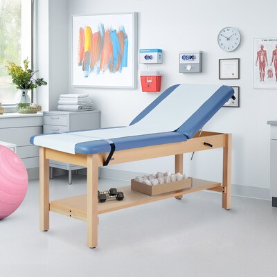 Aristo Wood Physician Adjustable Exam Table with Shelf, Dual Drawer Cabinet, Paper Cutter, Holder, 500 lb Capacity, Blue