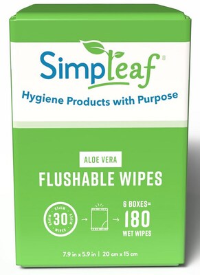 Simpleaf Aloe Vera Scented Flushable Wipes, 30 Single Wipes/Box, 6 Boxes/Carton (S-004-180counts)