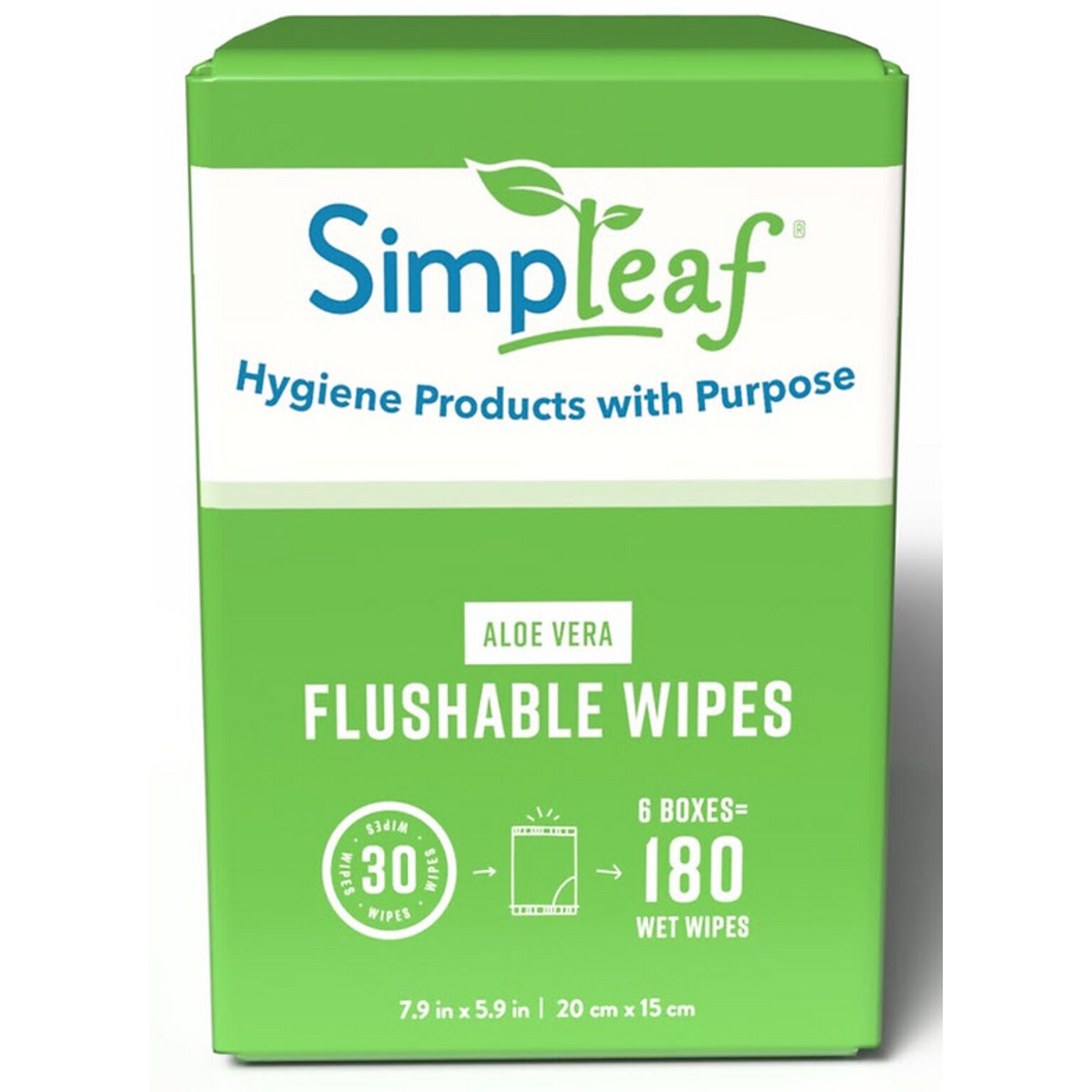 Simpleaf Aloe Vera Scented Flushable Wipes, 30 Single Wipes/Box, 6 Boxes/Carton (S-004-180counts)