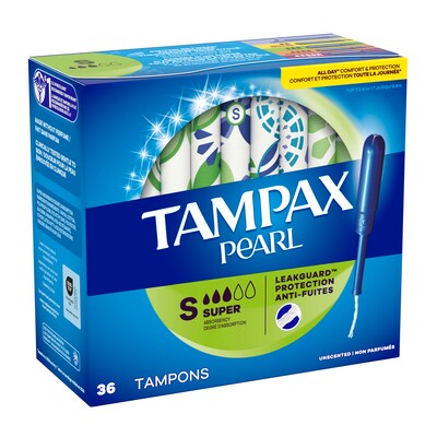 Tampax Pearl Super Absorbency Cotton Tampons, Plastic Applicator, 36/Pack (00370)