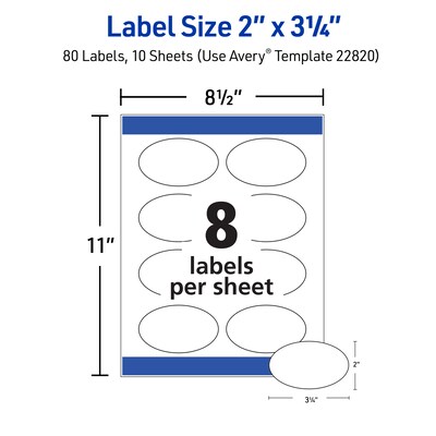 Avery Print-to-the-Edge Laser/Inkjet Oval Labels, 2" x 3 1/3", Glossy White, 80 Labels/Pack (22820)