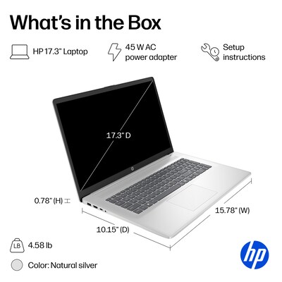 HP 17.3" Laptop, AMD Ryzen 3 7320U, 8GB RAM, 512GB SSD, +11 Hour Battery, Windows 11 Home