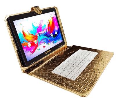 LINSAY F10 Series 10.1 Tablet, Wi-Fi, Octa Core, 256GB eMMC, Android 15, Golden Keyboard Case (F10IPGBDGPLUS)
