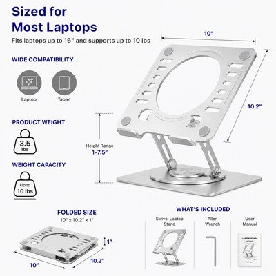 Uncaged Ergonomics Adjustable Swivel Laptop Stand for Desk, Steel, 360° Rotation, Up to 16", Silver