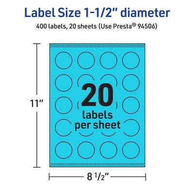 Avery Printable Circle Multipurpose Labels, 1.5" Dia., Bright Blue, 400/Pack (94506)