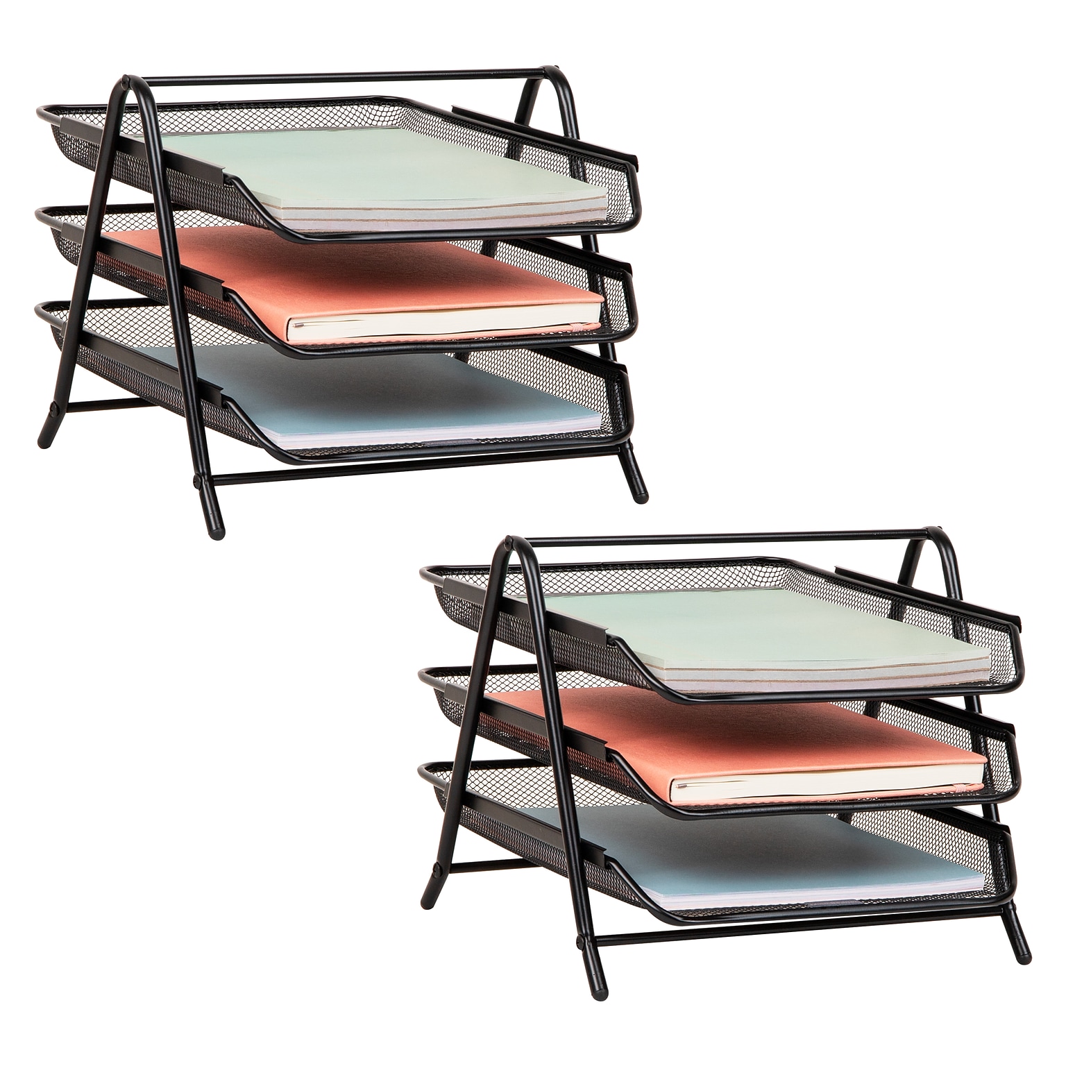 Mind Reader Metal 3-Tier Stackable Paper Desk Tray Organizer, Black, 2/Pack (3TPAP2PK-BLK)