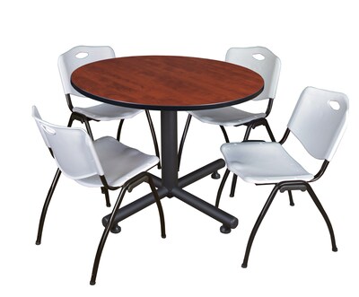 Regency Seating Kobe 48 Round Breakroom Table, Cherry & 4 M Stack Chairs, Grey (TKB48RNDCH47GY)