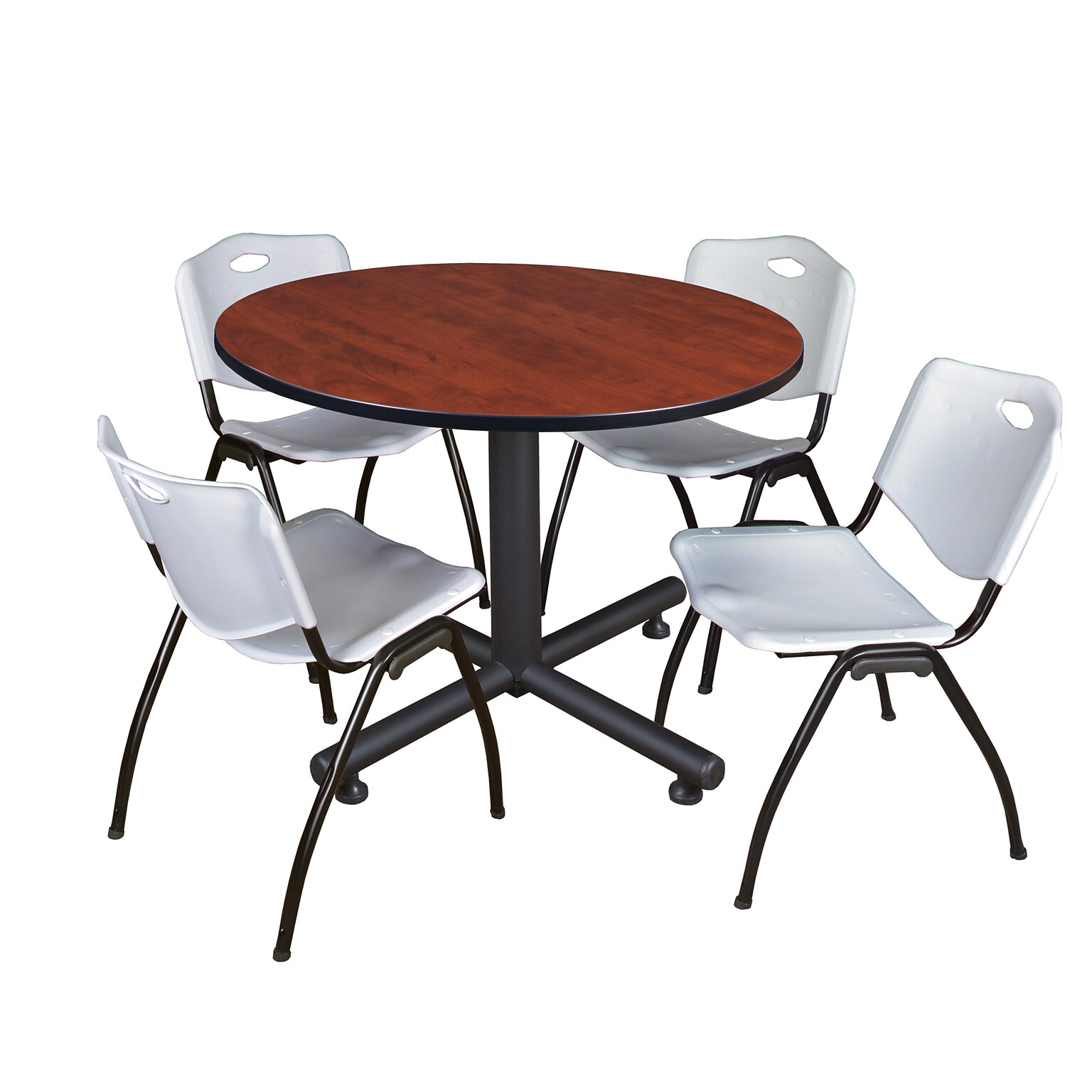 Regency Seating Kobe 48 Round Breakroom Table, Cherry & 4 M Stack Chairs, Grey (TKB48RNDCH47GY)