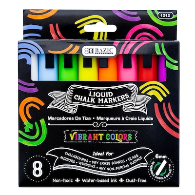 Bazic Washable Water Based Chalk Marker, Chisel & Bullet Tip, Assorted Colors, 8/Pack (BAZ1212)