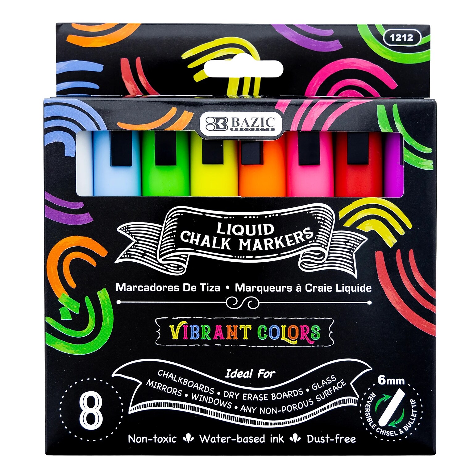 Bazic Washable Water Based Chalk Marker, Chisel & Bullet Tip, Assorted Colors, 8/Pack (BAZ1212)