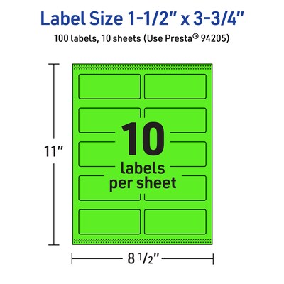 Avery Laser/Inkjet Multipurpose Rectangle Labels, 1.5" x 3.75", Neon Green, 100/Pack (94205)