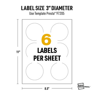 Avery Inkjet Round UltraDuty GHS Labels, 3" Dia., White, 6 Labels/Sheet, 50 Sheets/Pack (97205)
