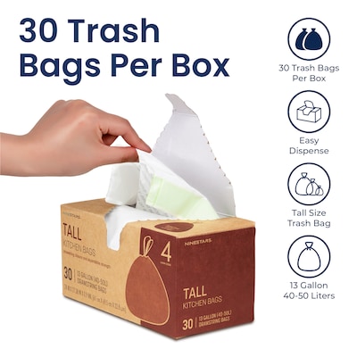 Nine Stars 13 Gallon Drawstring Kitchen Trash Bags, White, 30 Bags/Box (NSTB-13-30)