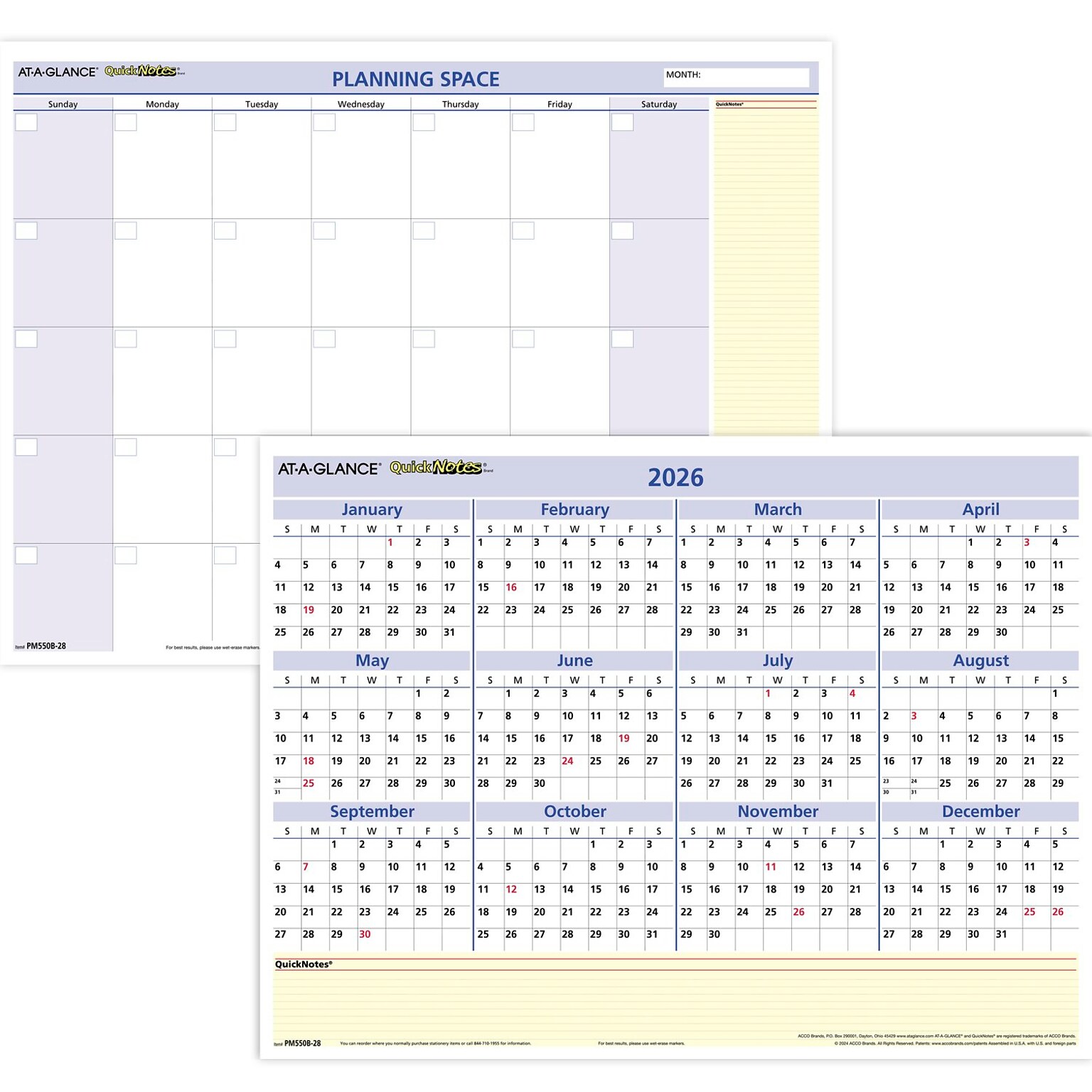 2026 AT-A-GLANCE QuickNotes 16 x 12 Yearly Dry Erase Wall Calendar, Reversible (PM550B-28-26)