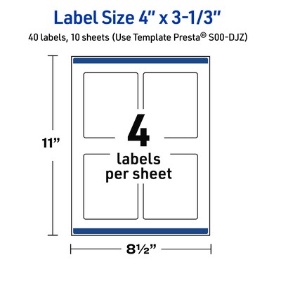 Avery Laser/Inkjet Rectangle Multipurpose Labels, 4" x 3-1/3", White, 40/Pack (S00-DJZ)