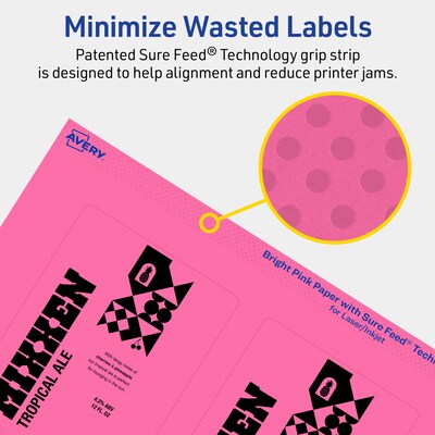 Avery Laser/Inkjet Rectangle Multipurpose Labels, 4" x 3", Bright Pink, 40/Pack (94252)