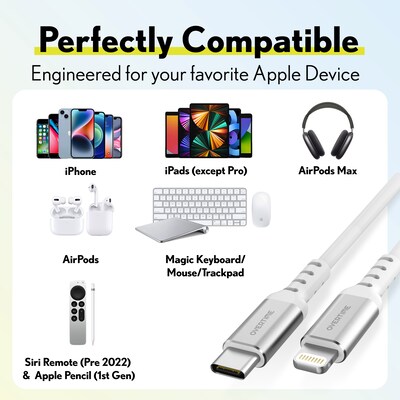 Overtime Lightning to USB-C Charging Cable, 6 ft., White. 3/Pack (OCAC2L6PK3)