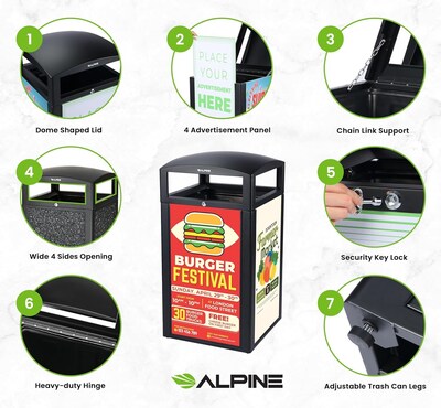 Alpine Industries Steel Outdoor Trash Can with Covered Top Lid, 40-Gallon, Gray Stone (ALP471-40-GRYS-SGN)