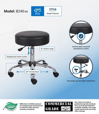 Boss Be Well Armless Medical Spa Professional Stool, Black (B240-BK)